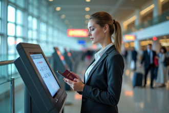 Femme d affaires vérifiant son vol à un kiosque aéroport