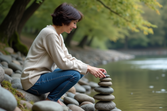 Femme équilibrant des pierres au bord de la rivière