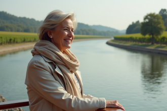 Femme française souriante contemplant la rivière en croisière