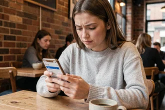Jeune femme consultant l'application Google Flights sur son smartphone dans un café pour trouver des vols moins chers