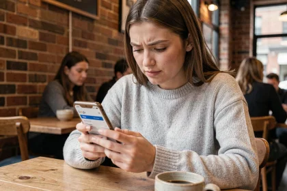 Jeune femme consultant l'application Google Flights sur son smartphone dans un café pour trouver des vols moins chers