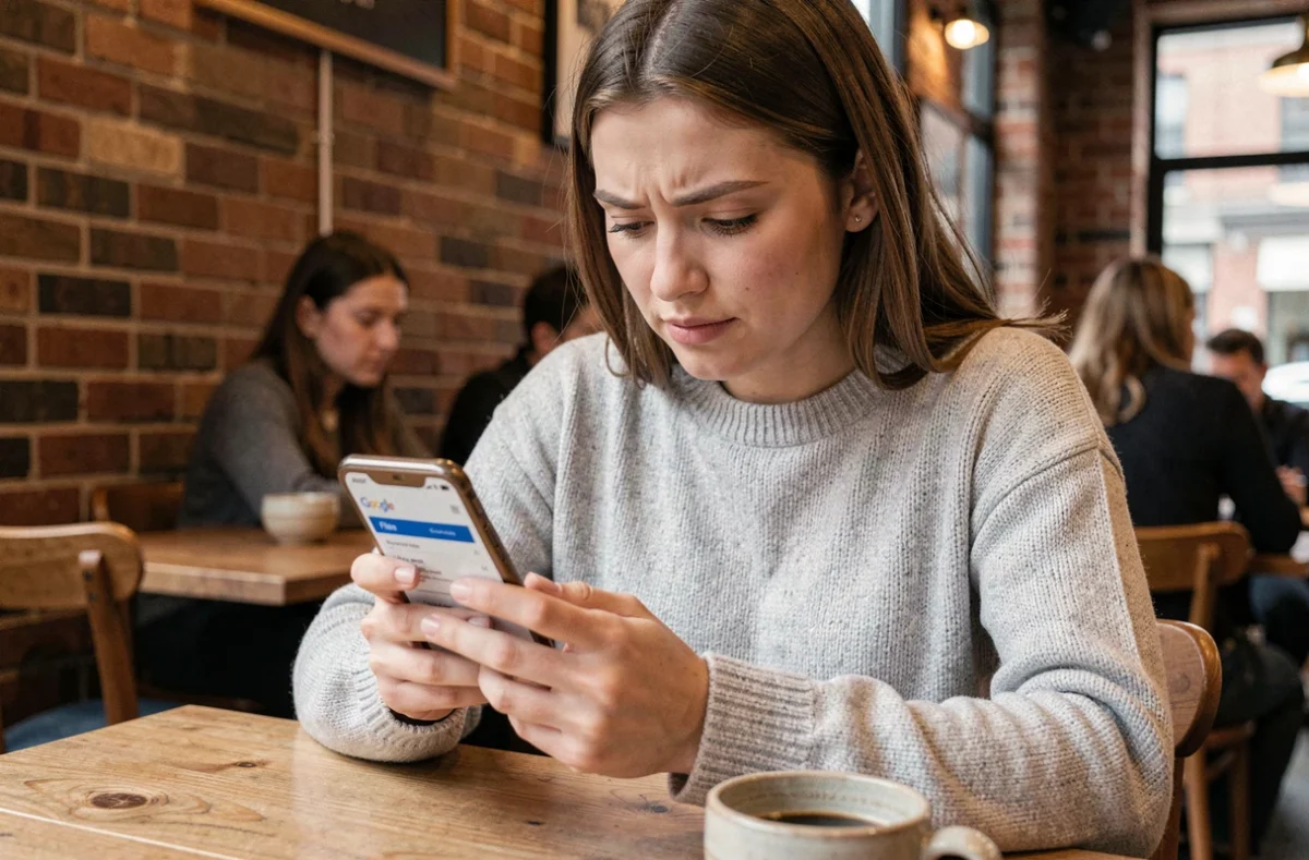 Jeune femme consultant l'application Google Flights sur son smartphone dans un café pour trouver des vols moins chers