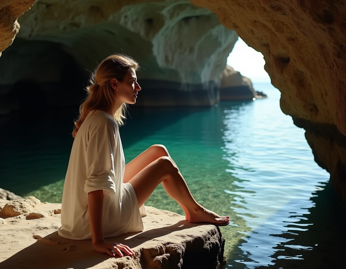 Femme assise à l'entrée d'une grotte marine secrète sur une plage sauvage de Macédoine grecque