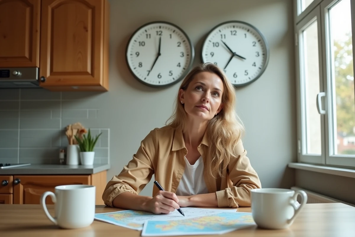 Femme française compare deux horloges dans la cuisine