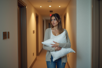 Jeune femme perplexe avec oreiller blanc dans un hôtel