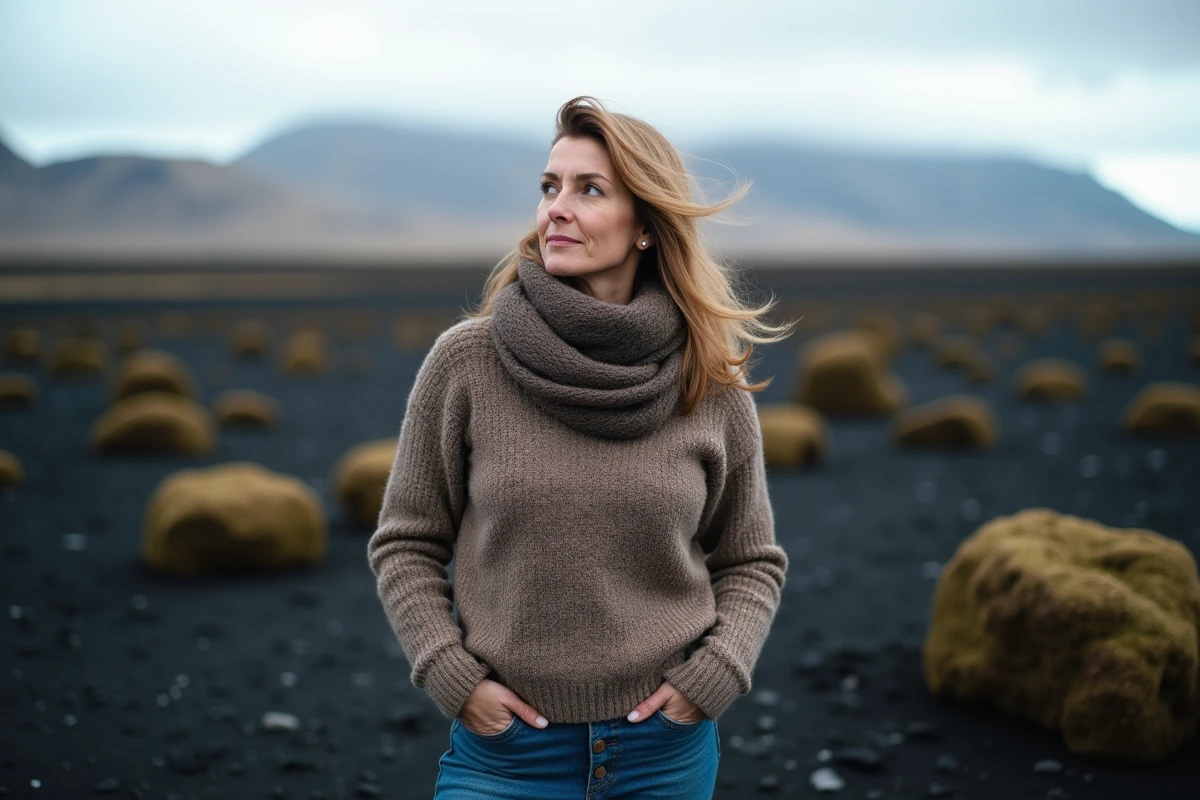 Femme islandaise contemplant un paysage volcanique
