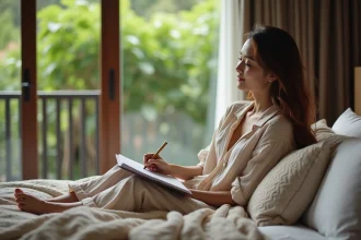 Jeune femme en pyjama écrivant dans un hôtel bali