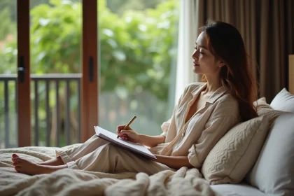 Jeune femme en pyjama &eacute;crivant dans un h&ocirc;tel bali