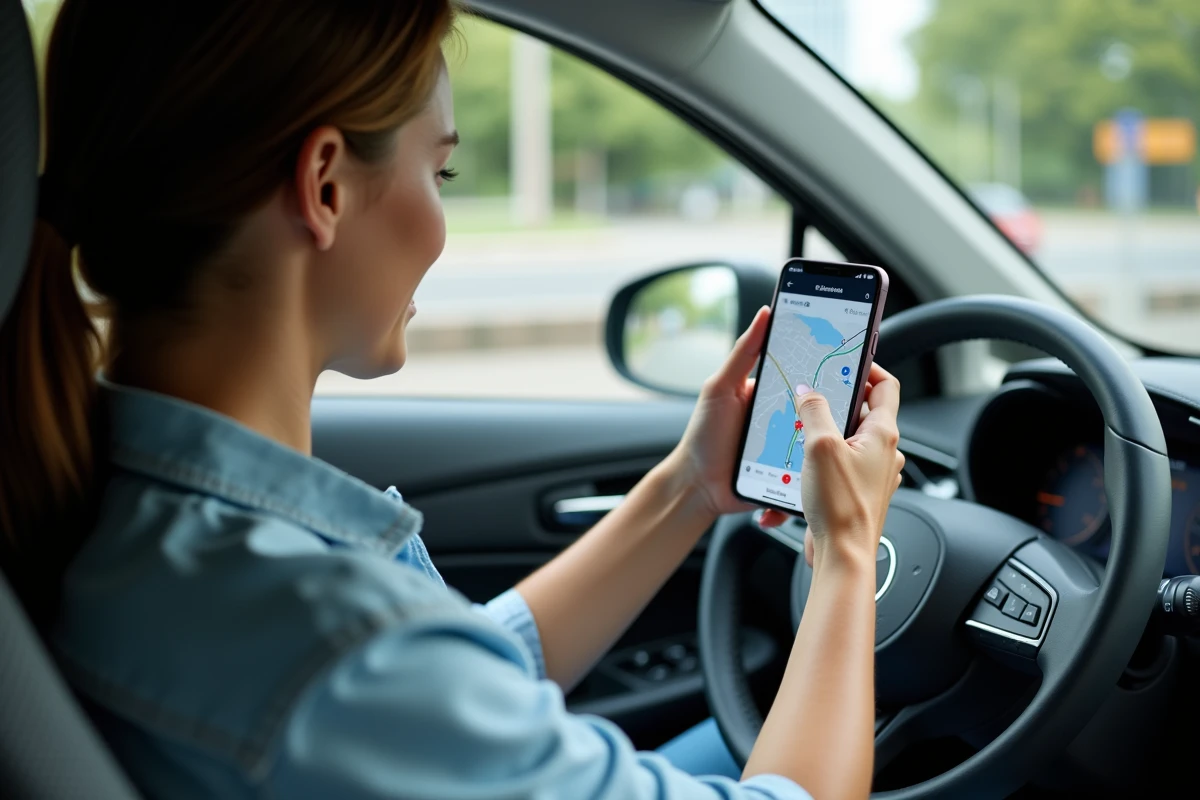 Femme consultant une application de calcul d'itinéraire sur smartphone montée dans une voiture en ville