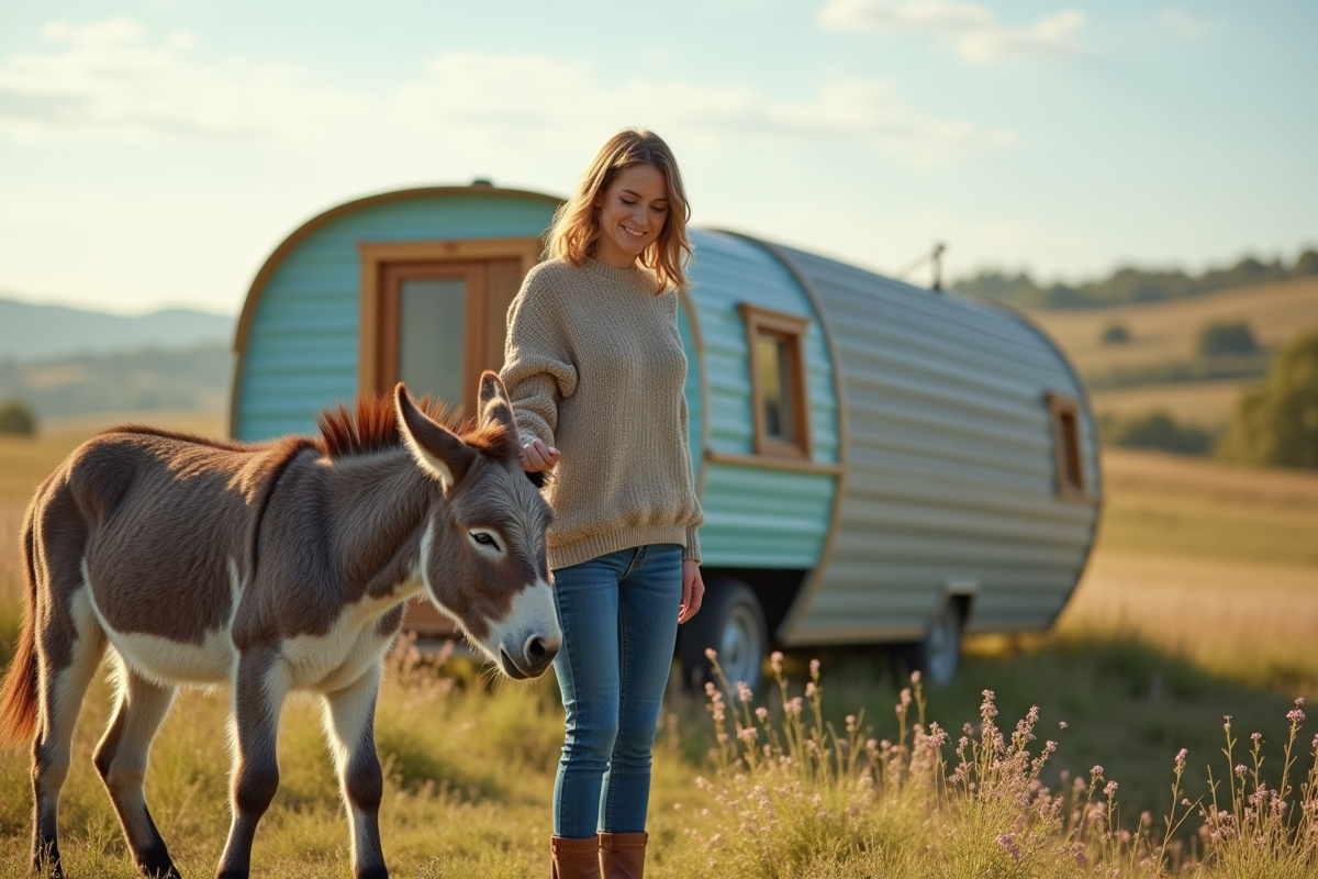 Femme caressant un âne dans un pré avec caravane colorée