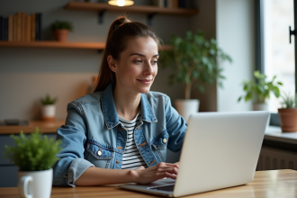 Femme en denim et rayures compare des sites de voyage