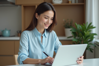 Jeune femme remplissant une demande de visa en ligne