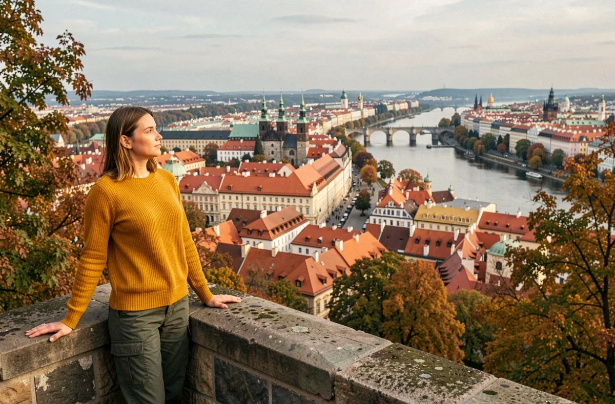 Femme au belvédère de la colline de Petřín admirant le panorama de Prague et ses toits rouges
