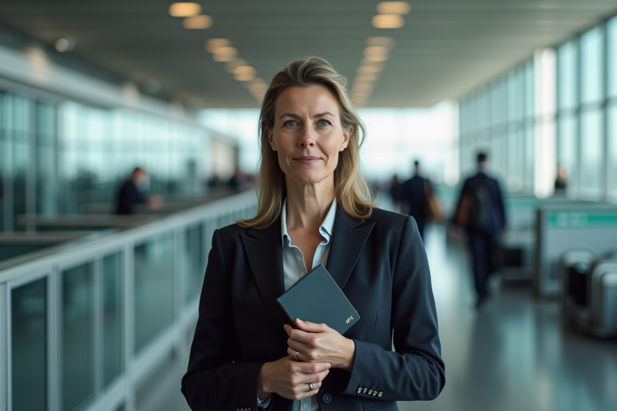 Femme avec passport et portefeuille RFID dans un aéroport