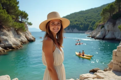 Jeune femme souriante sur la plage de Lokrum avec nature