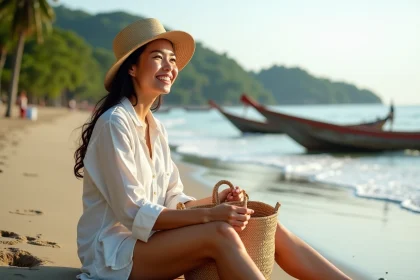 Femme souriante sur la plage de Lovina avec bateaux traditionnels