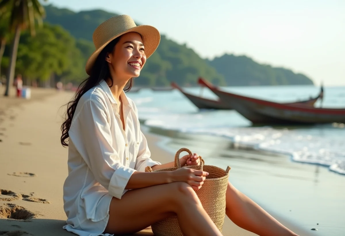 Femme souriante sur la plage de Lovina avec bateaux traditionnels