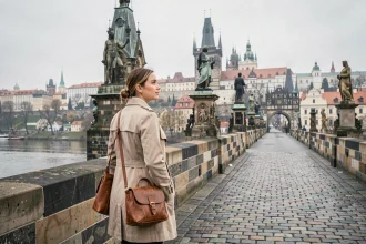 Femme sur le Pont Charles à Prague admirant les tours gothiques et le château en arrière-plan
