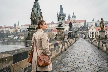 Femme sur le Pont Charles à Prague admirant les tours gothiques et le château en arrière-plan