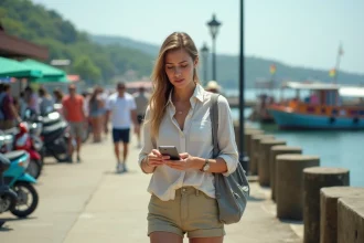 Jeune femme regardant ses tickets au port de Padangbai