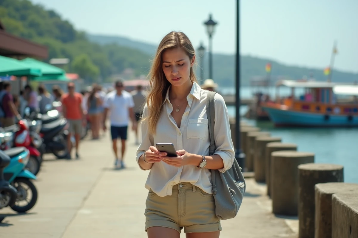 Jeune femme regardant ses tickets au port de Padangbai