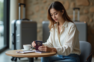Jeune femme préparant son voyage dans un lobby moderne