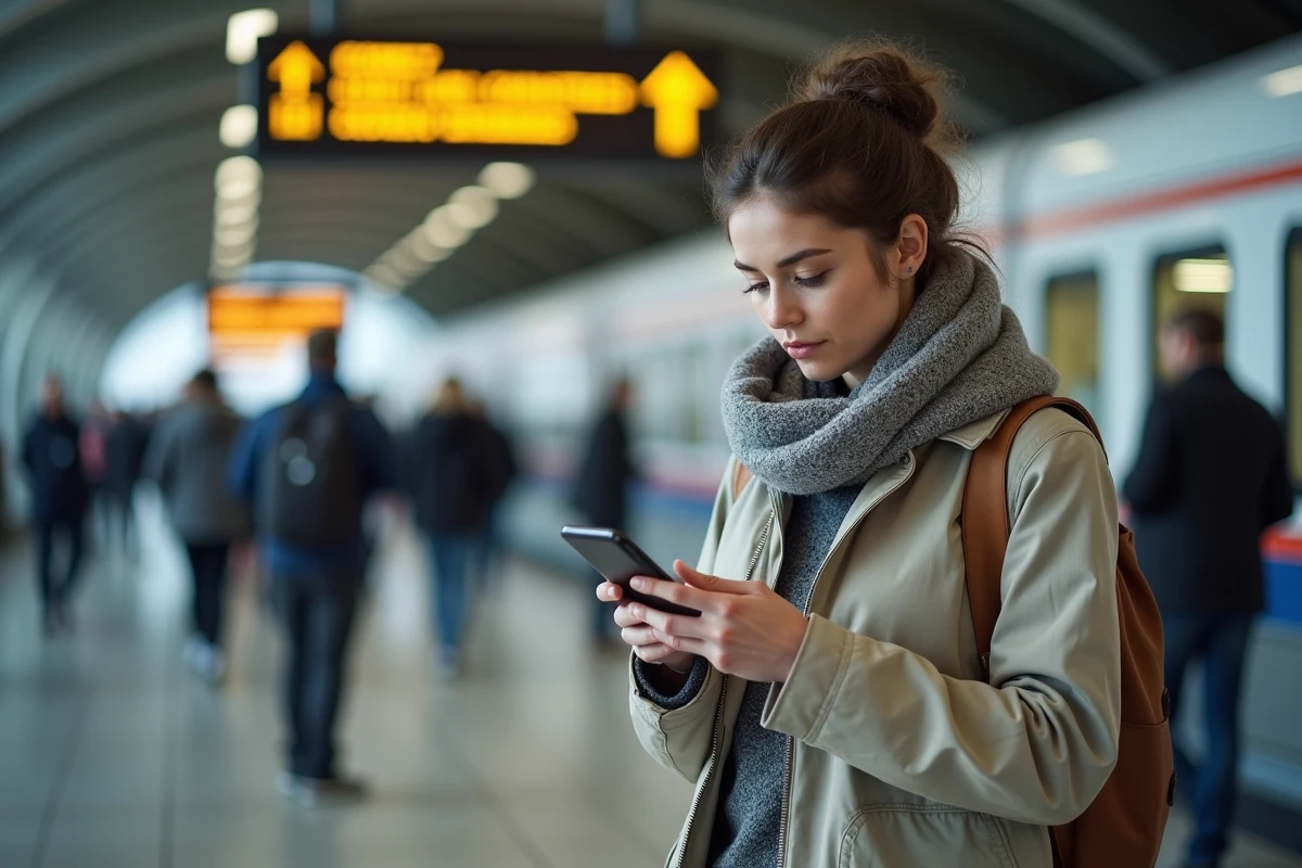 Femme concentrée sur son smartphone à la gare