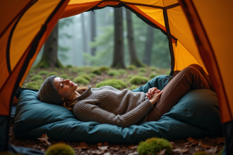 Jeune femme dans une tente en forêt en train de dormir