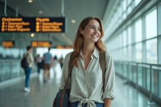 Femme souriante avec valise à l'aéroport moderne