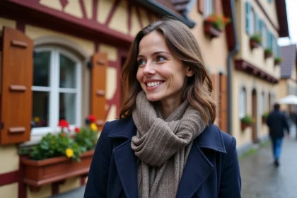 Femme souriante devant une maison bavaroise color&eacute;e