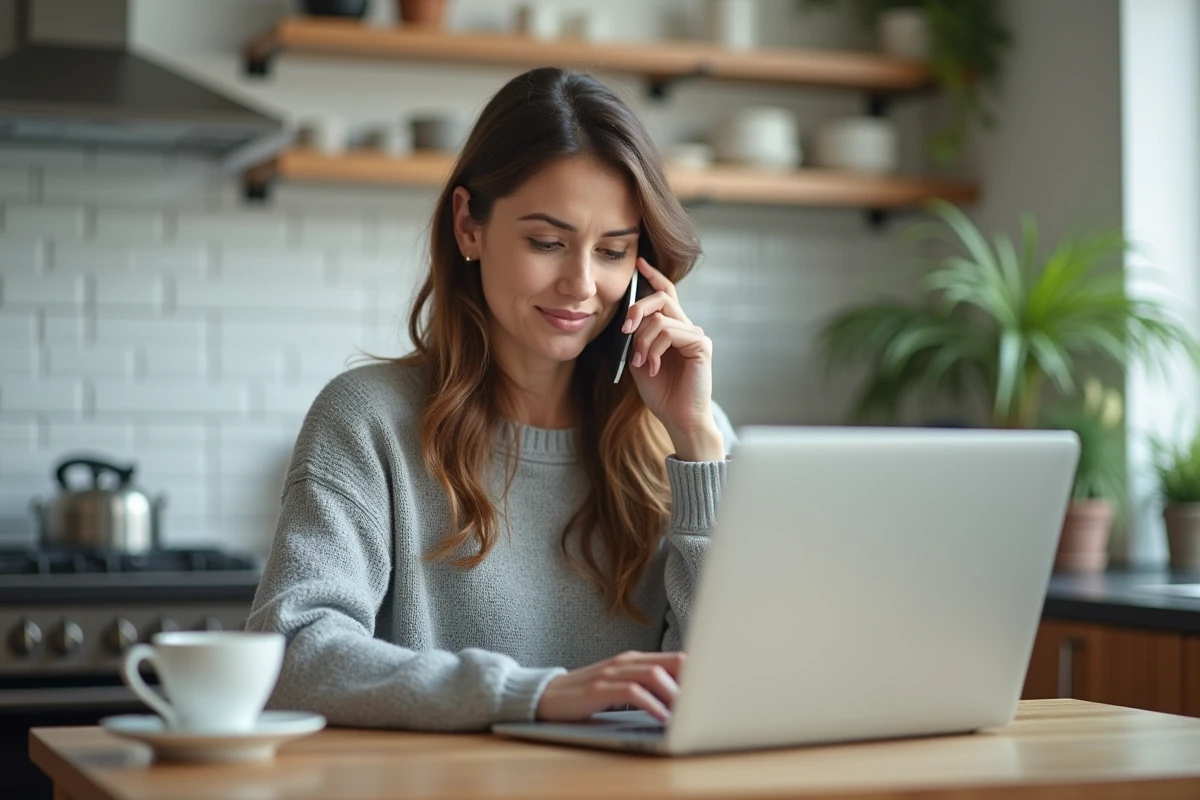 Femme au téléphone attendant le service client BlaBlaCar depuis sa cuisine