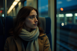 Jeune femme contemplant le paysage nocturne en train