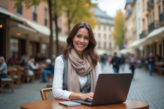 Femme souriante travaillant en extérieur dans un café urbain