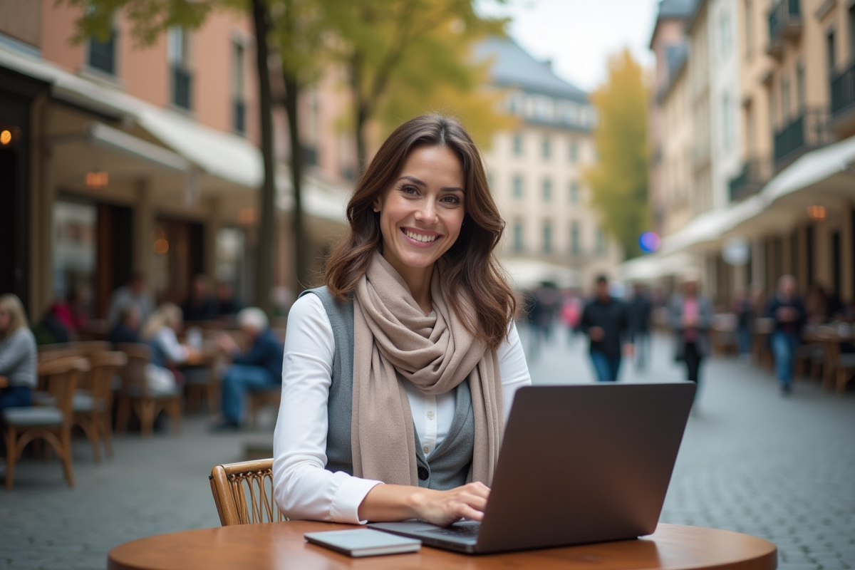 Femme souriante travaillant en extérieur dans un café urbain