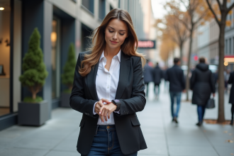 Femme d'âge moyen vérifiant sa montre en ville