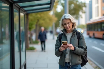 Femme urbaine regardant son smartphone à un arrêt de bus