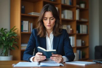 Femme consultant son passeport pour vérifier sa date d'expiration à son bureau