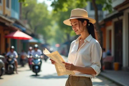 Jeune femme en voyage dans une rue vietnamienne anim&eacute;e