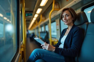 Femme assise dans sa voiture à bord du train Eurotunnel Le Shuttle traversant la Manche