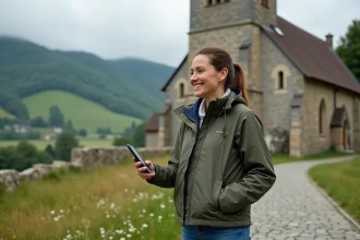 Femme souriante en veste imperméable devant une église en Auvergne