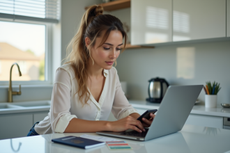 Femme en voyage assise à la cuisine avec son ordinateur et passeport