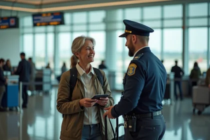 Femme voyageuse parlant avec un agent de douane &agrave; l'a&eacute;roport