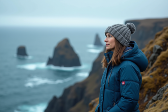 Femme en parka bleue sur falaise islandaise avec baleines