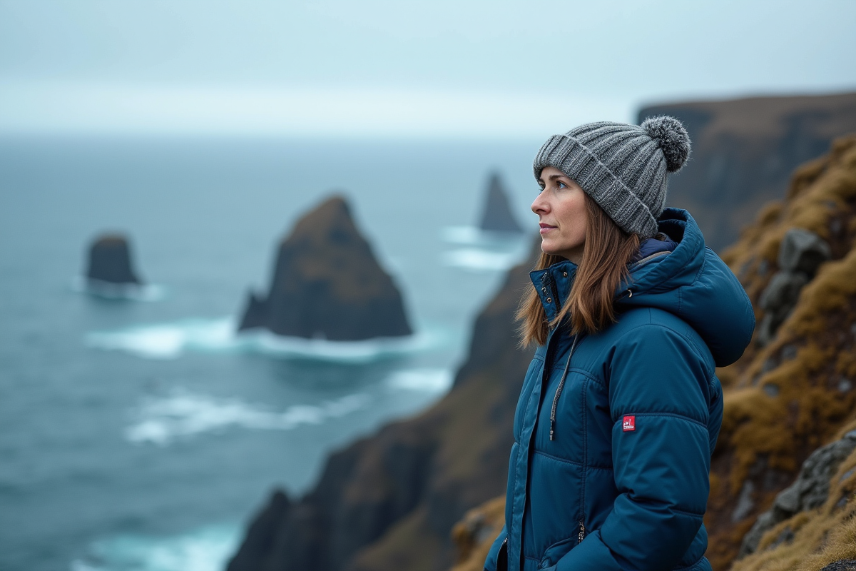 Femme en parka bleue sur falaise islandaise avec baleines