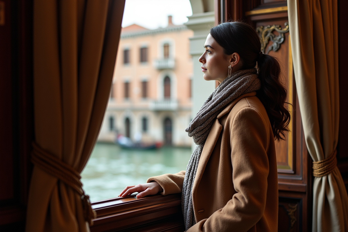 Femme regardant par une fenêtre ornée dans un hôtel vénitien