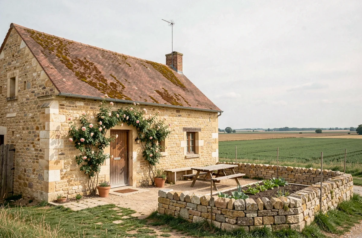 Fermette en pierre du Cambrésis près de Cambrai avec toit en tuiles, roses grimpantes et cour intérieure en pierre