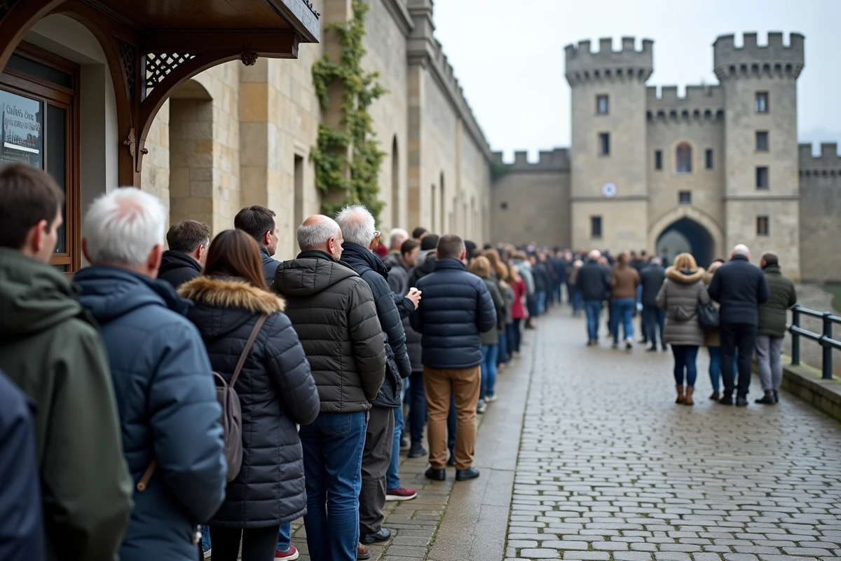 File d'attente de visiteurs devant la billetterie d'un château fort français avec affiche de réservation obligatoire