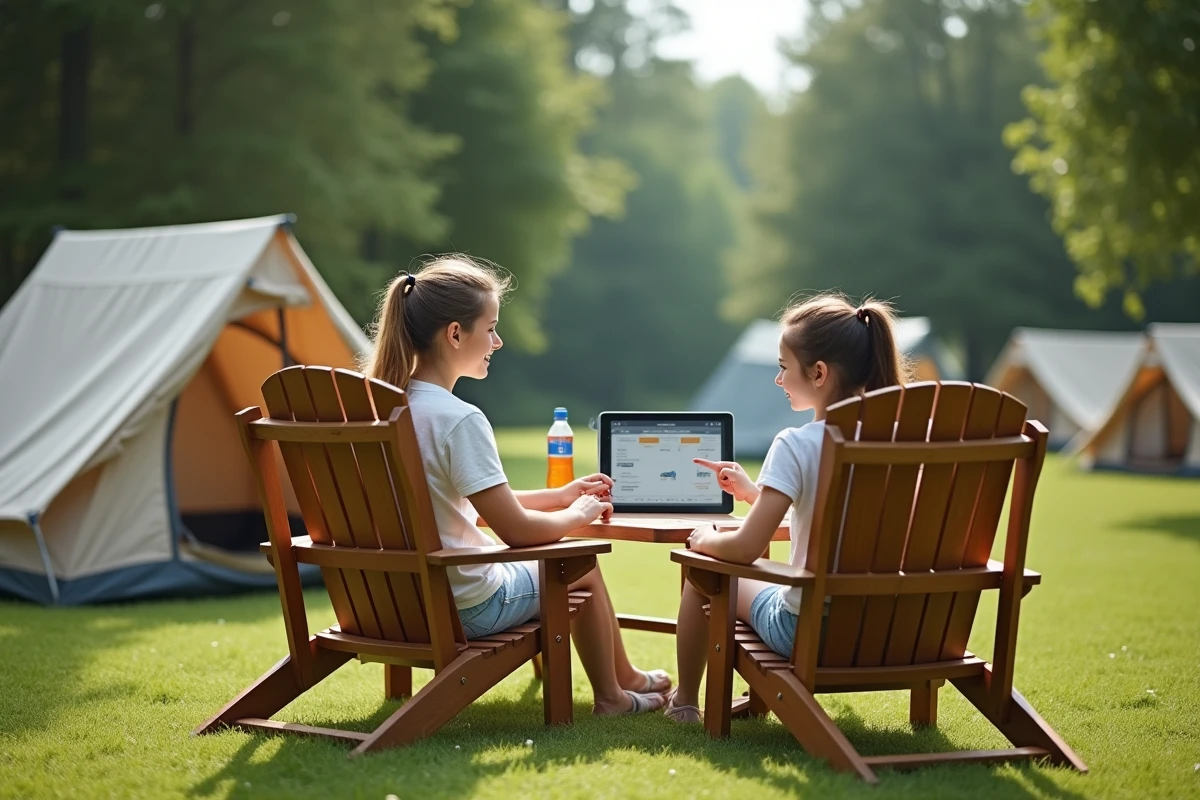 Fille adolescente montrant une tablette à sa mère au camping