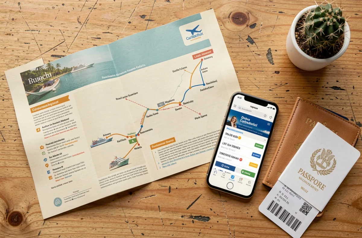 Vue de dessus d'un bureau avec brochure de croisière aux Caraïbes, passeport, carte d'embarquement et smartphone comparant des vols
