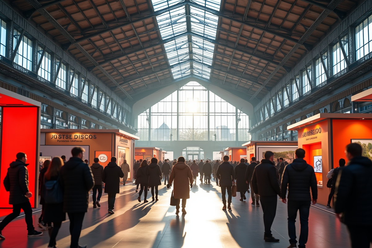 Salle d'exposition spacieuse à la Foire de Paris avec foule et stands modernes